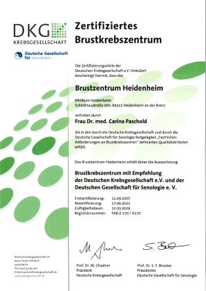 Zertifikat Brustzentrum Klinikum Heidenheim
