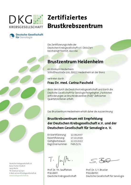 Zertifikat Brustzentrum Heidenheim