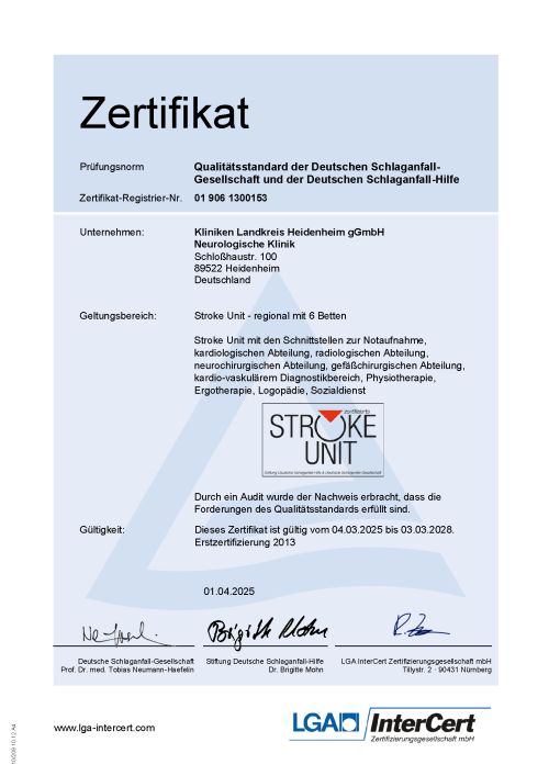 Zertifikat des Schlaganfallzentrums Zertifikat des Schlaganfallzentrums