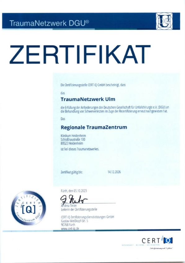 Zertifikat TraumaNetzwerk Ulm